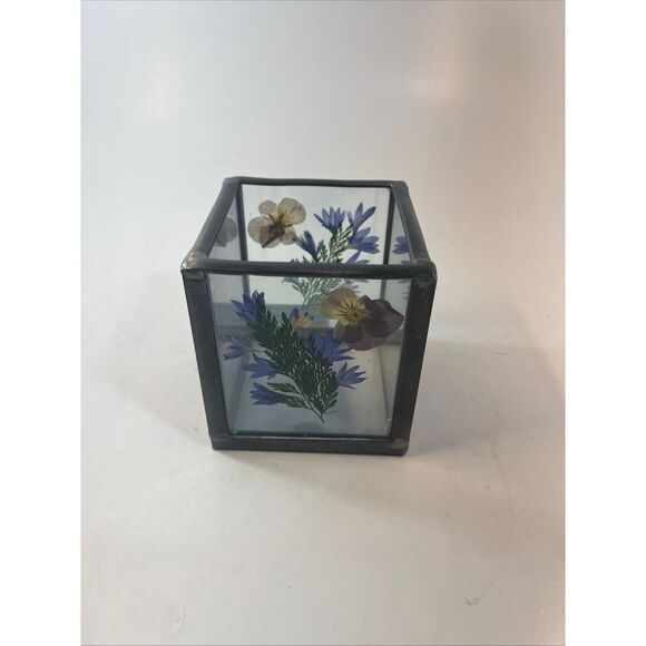 Vintage Glass Display Box Pressed Dried Flowers Blue Purple Botanical 3x3 inch - Picture 1 of 9